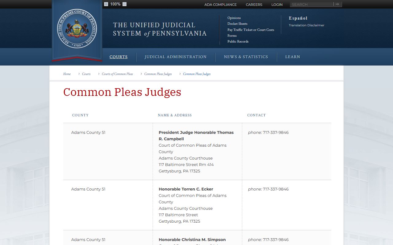 Philadelphia County court dockets Common Pleas judges directory