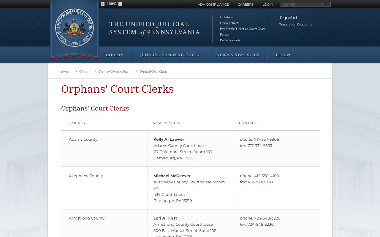 Philadelphia County court dockets statewide Orphans Court clerks directory