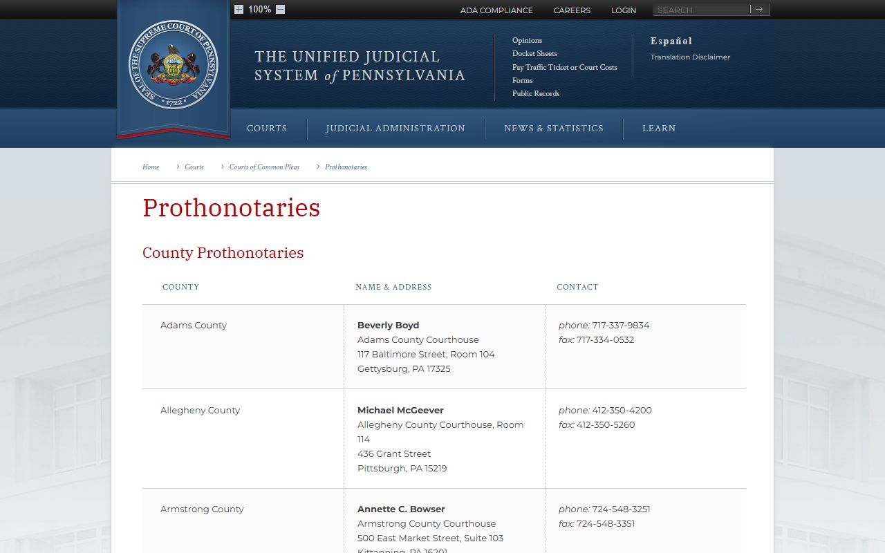 Philadelphia County court dockets statewide prothonotary directory entry