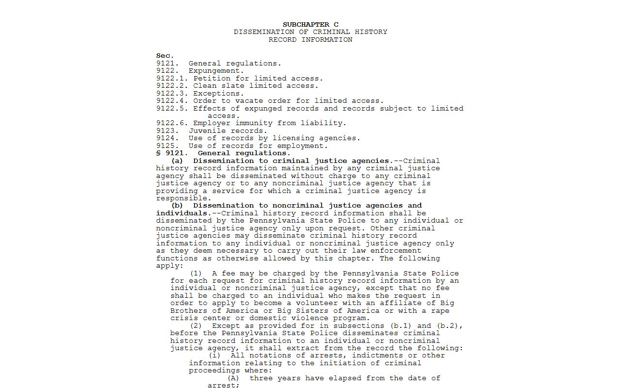 Philadelphia County criminal court records criminal history dissemination statute