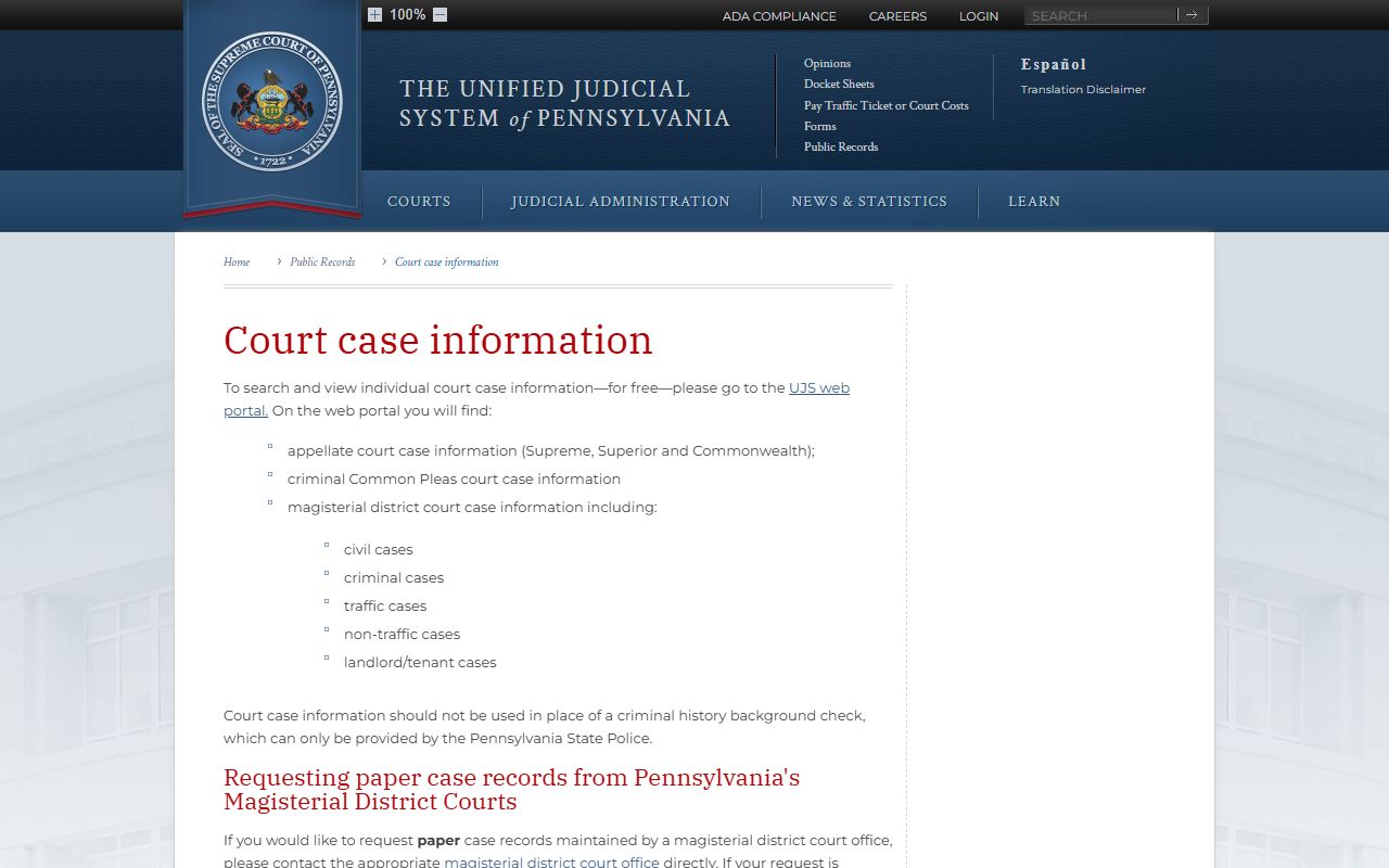 Philadelphia County court records UJS case information page