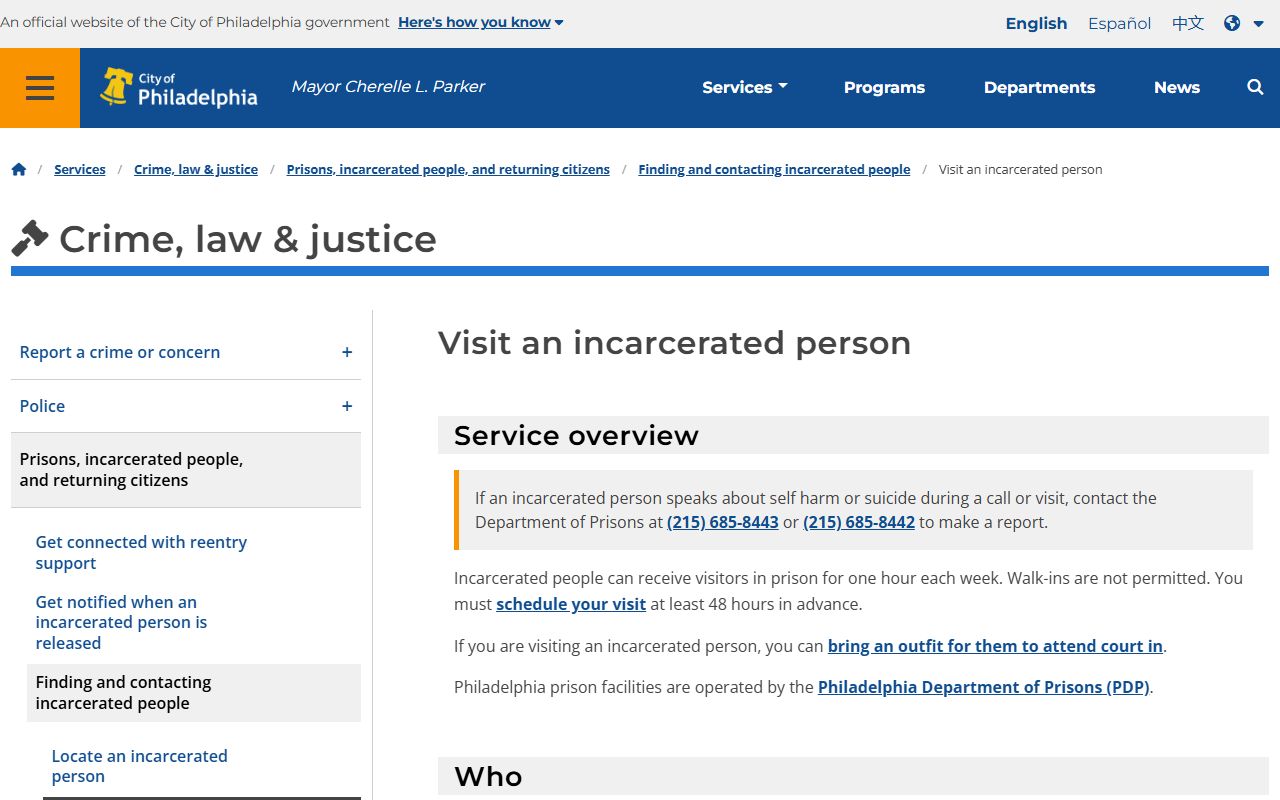 Philadelphia County inmate records PDP visitation rules and schedule