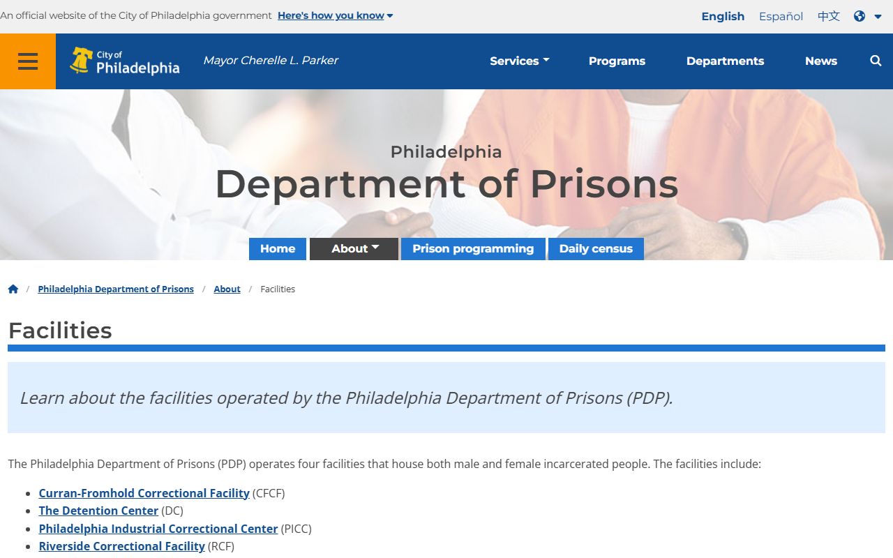 Philadelphia County inmate records Department of Prisons facilities