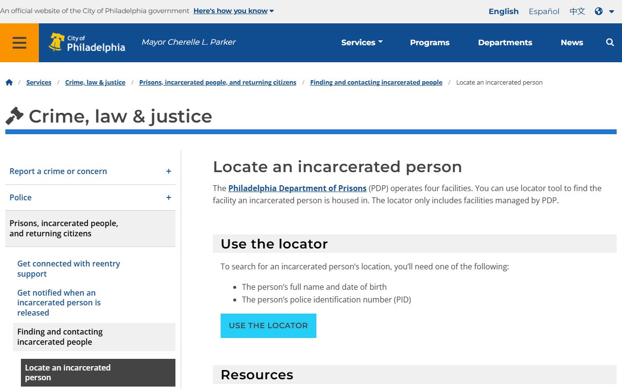 Philadelphia County inmate records incarcerated person locator instructions