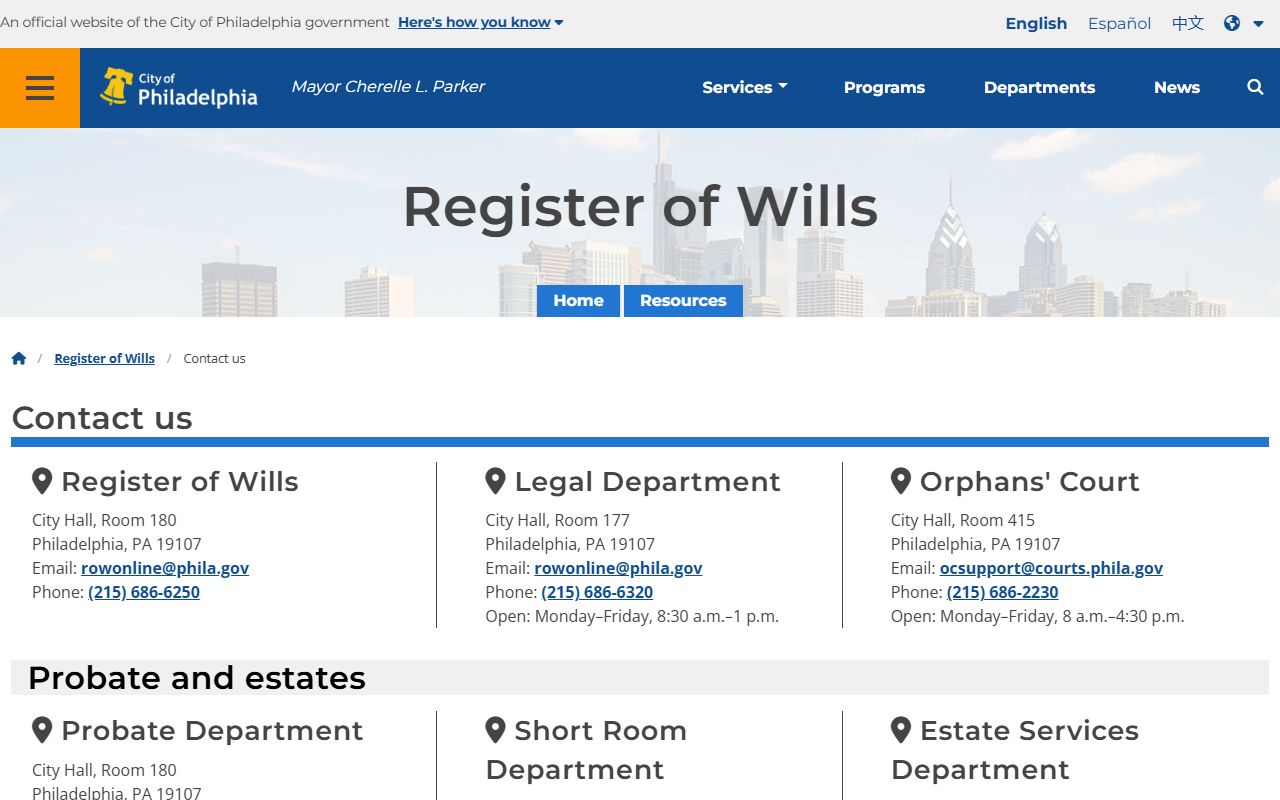 Philadelphia County marriage and divorce records Register of Wills contact page