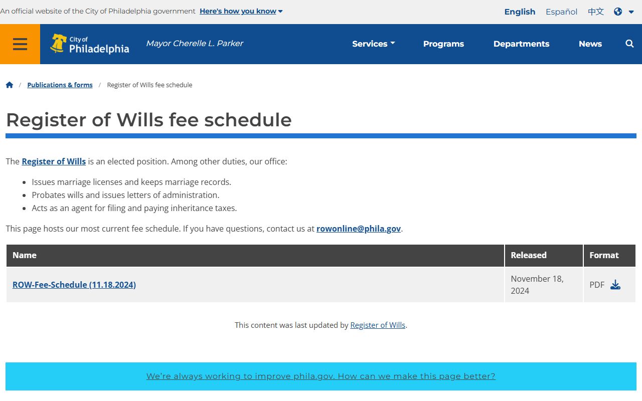 Philadelphia County marriage and divorce records Register of Wills fee schedule