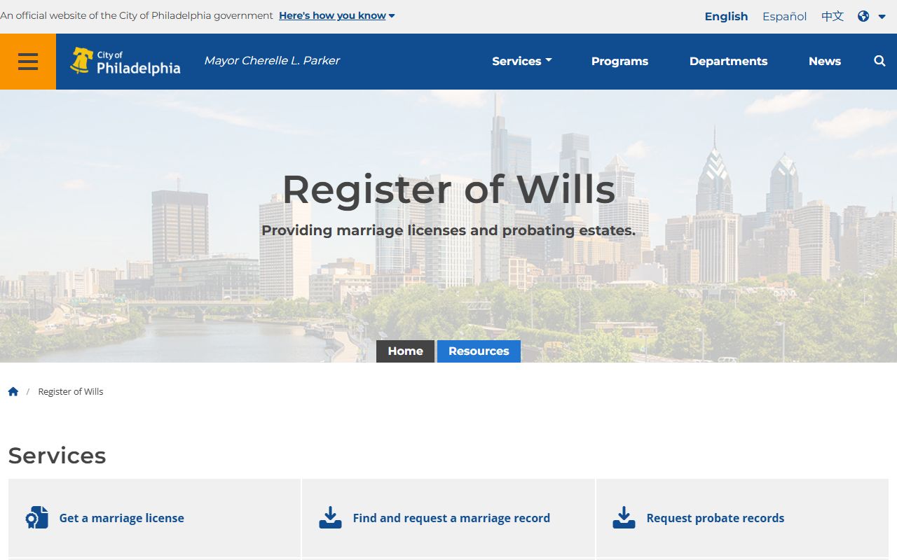 Philadelphia County marriage and divorce records Register of Wills homepage