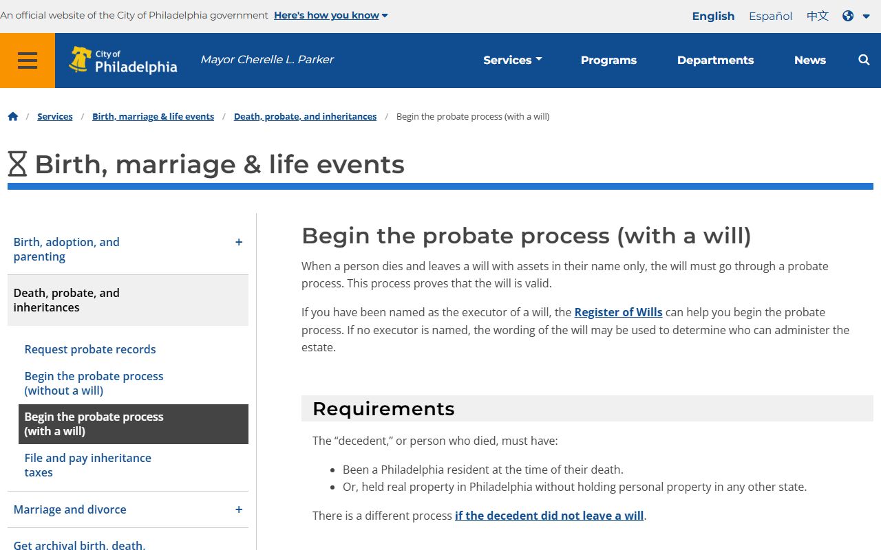 Philadelphia County probate with a will process