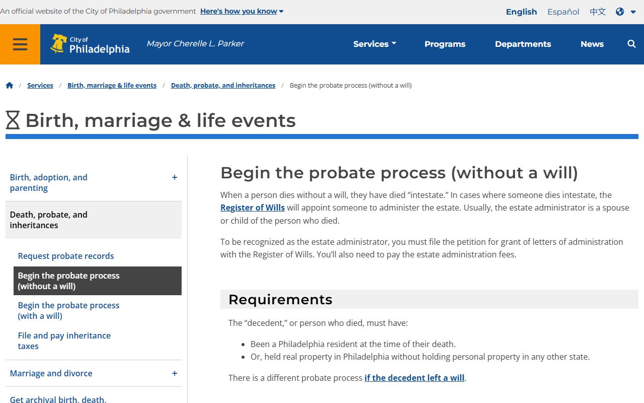 Philadelphia County probate without a will process