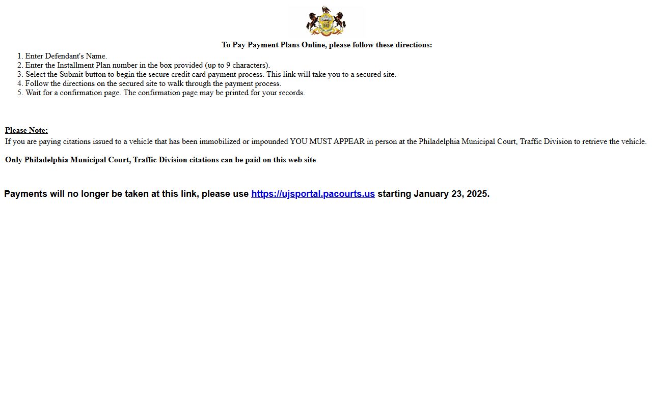 Philadelphia County traffic court records former Traffic Division payment page