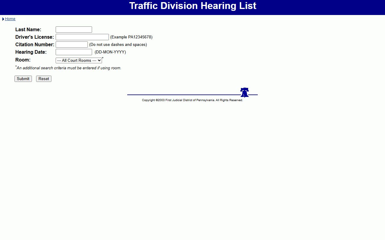 Philadelphia County traffic court records Traffic Division hearing list